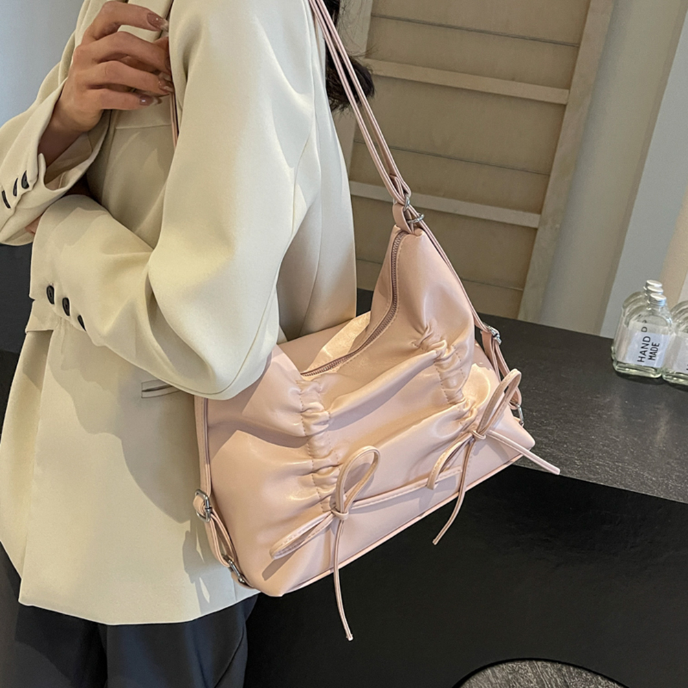Women Fashion Crossbody Bag with Bow Daily Tote Handbag Adjustable Strap Solid Color Backpack Female Dating Bag