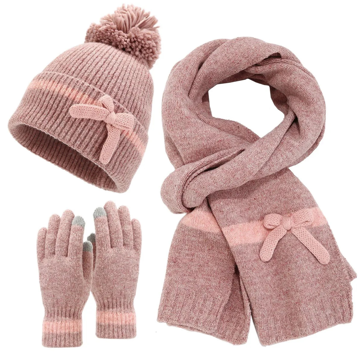 Womens Butterfly Hat Scarf Glove 3-Piece Set Womens Outdoor Warm Scarf Hat Winter Womens Plush Puff Bean Hat Glove Set 241107