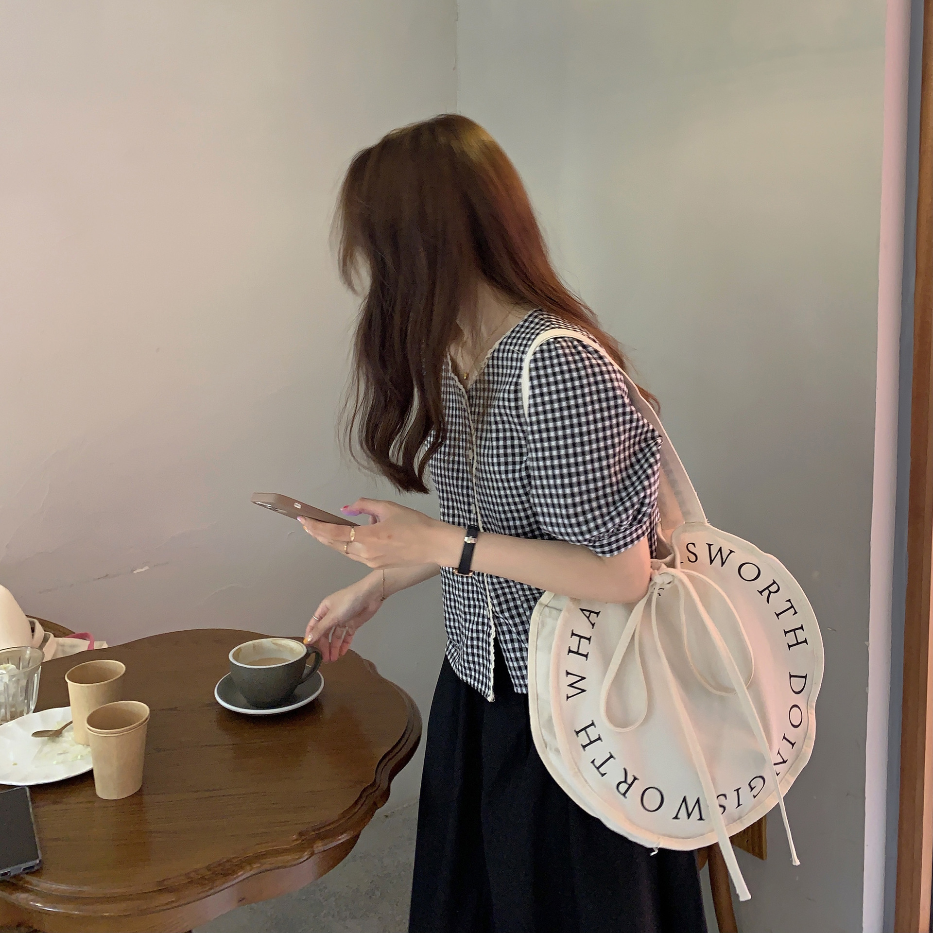 Hylhexyr Women's Round Shoulder Bag Letter Canvas Bags Simple Large Capacity Portable Casual Handbag Tie Rope