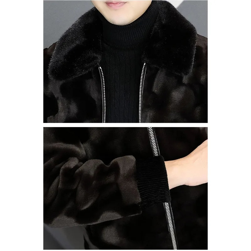 Winter mens high-end mink coat mens fashionable polo collar thick leather coat casual plus size solid color coat 241107