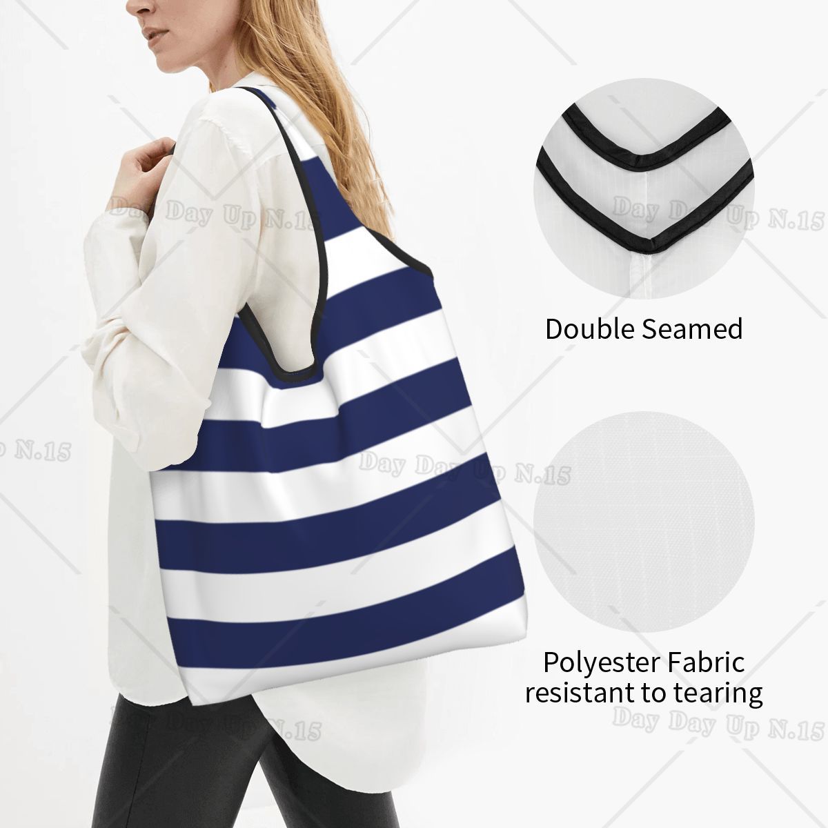 Large Reusable Navy Blue And White Stripes Grocery Bags Recycle Foldable Shopping Eco Bag Washable Fits in Pocket