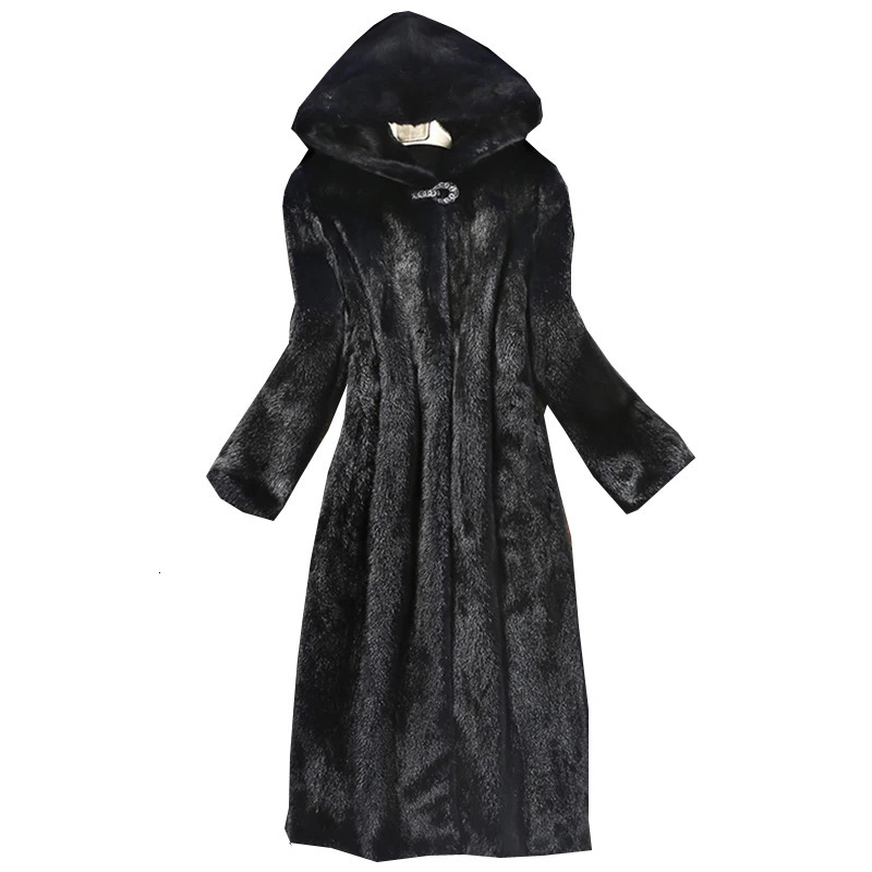 Womens fur coat winter mink coat long hood warm 241107