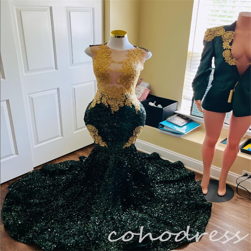 Green And Gold Prom Dresses For Black Girls Sparkle Sequin Mermaid Evening Dress Plus Size African O Neck Floor Length Birthday Dress Special Occason 