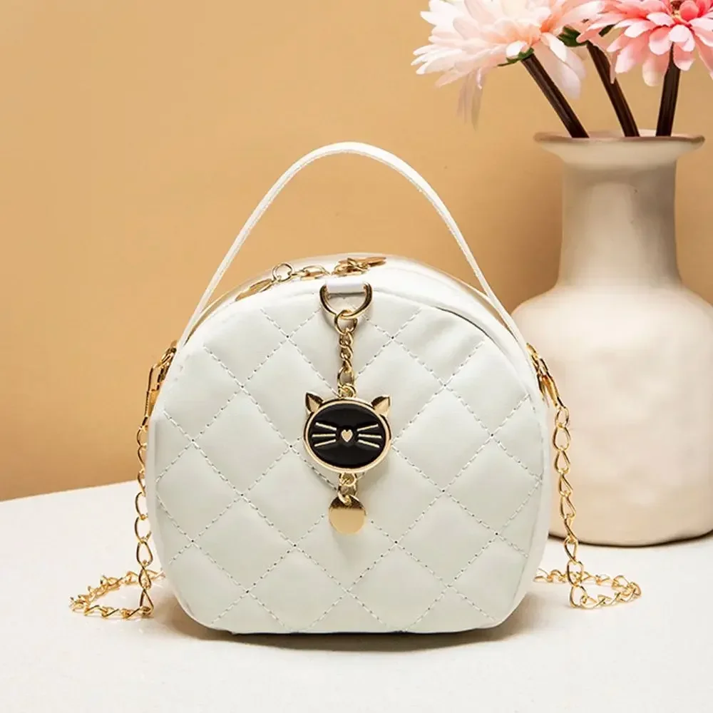 Fashion Lingge Crossbody Small Round Bag New Handbag Womens Cute Cat Decoration Female Single Shoulder Messenger Bag