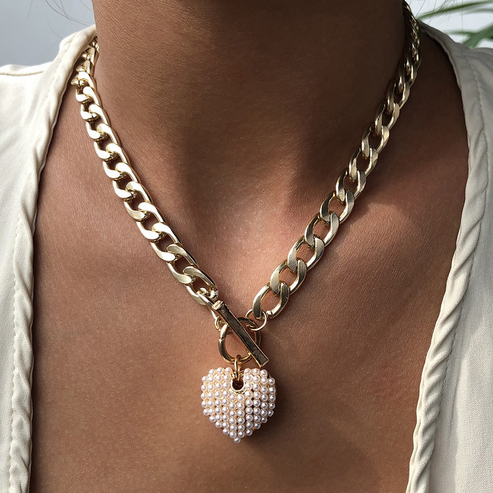 European and American Punk Minimalist Rice Bead Love Necklace Cross-border Versatile Metal Texture One Line Buckle Necklace Pearl Necklace for Women