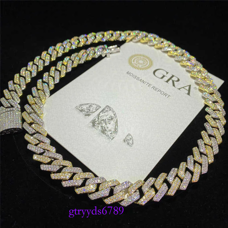 14mm Two Tone Vvs Necklace Sterg Sier Hip Hop Jewelry Moissanite Dia Cuban k Chain
