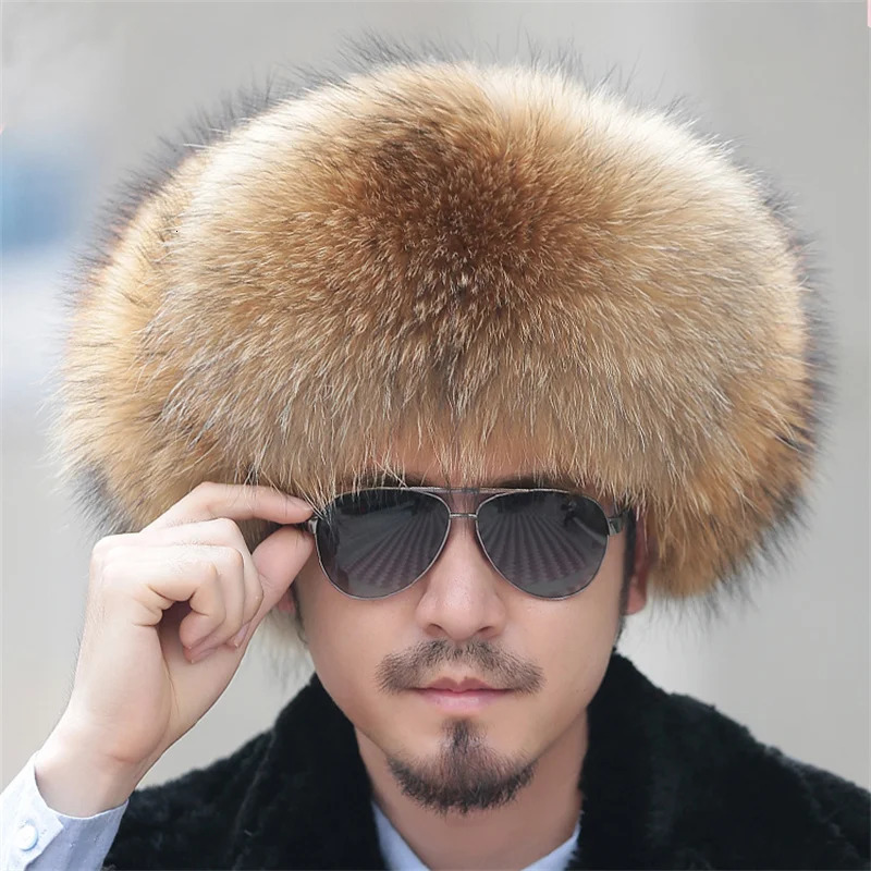 Winter 100% real silver fox fur bomber raccoon fur hat Ushaka Russian hunting hat mens skiing hat mens raccoon fur hat 241106