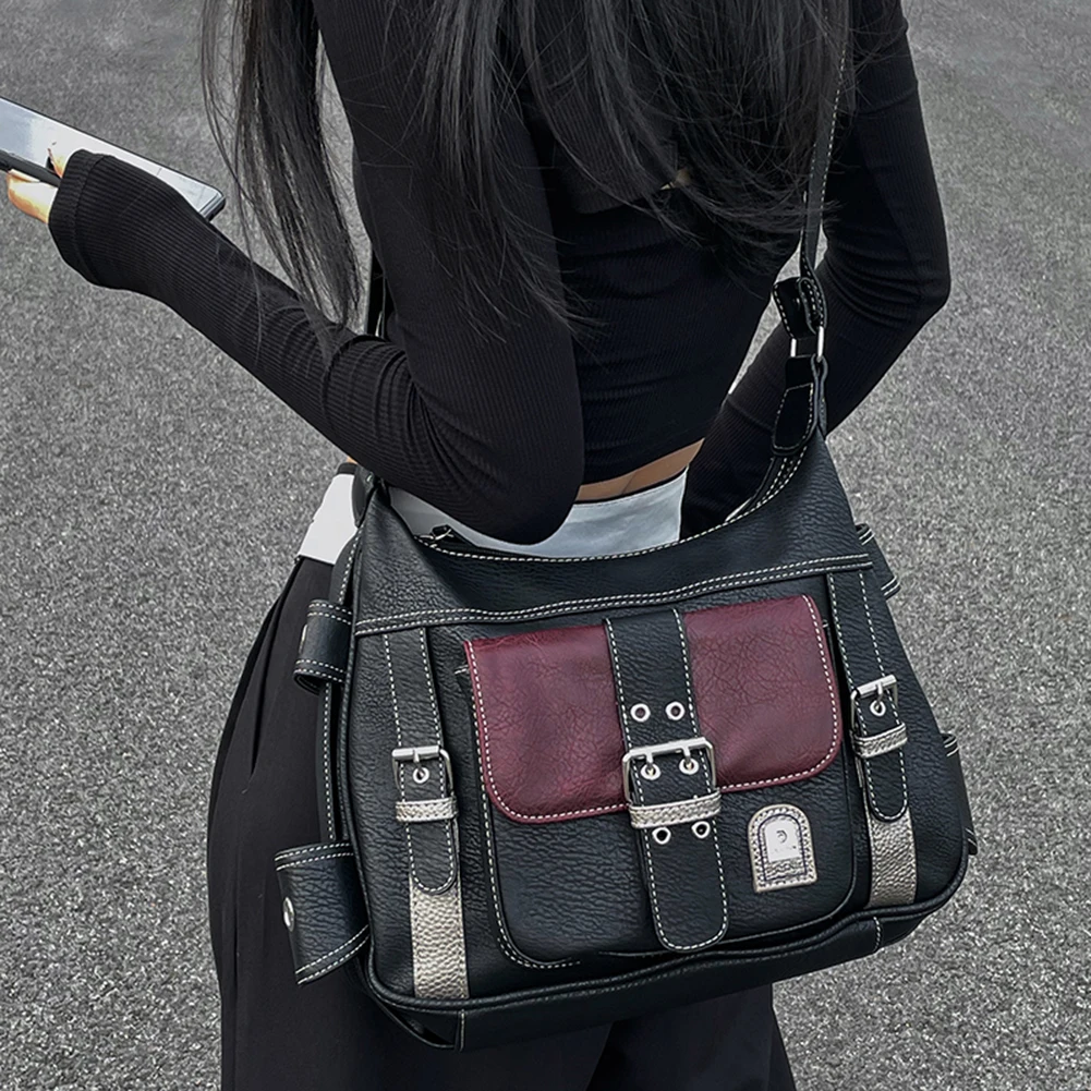 Women Vintage Messenger Bag Y2K PU Leather Contrast Color Shoulder Bag Multi-Pocket Versatile Satchel Girl Quality Crossbody Bag