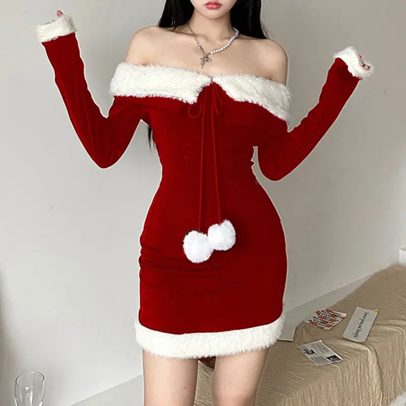 2024 Sexy Red Christmas Dress Women Winter Y2k Plush Patchwork Off Shoulder Party Mini Dress Korean Fashin Elegant Bodycon Dress 241107