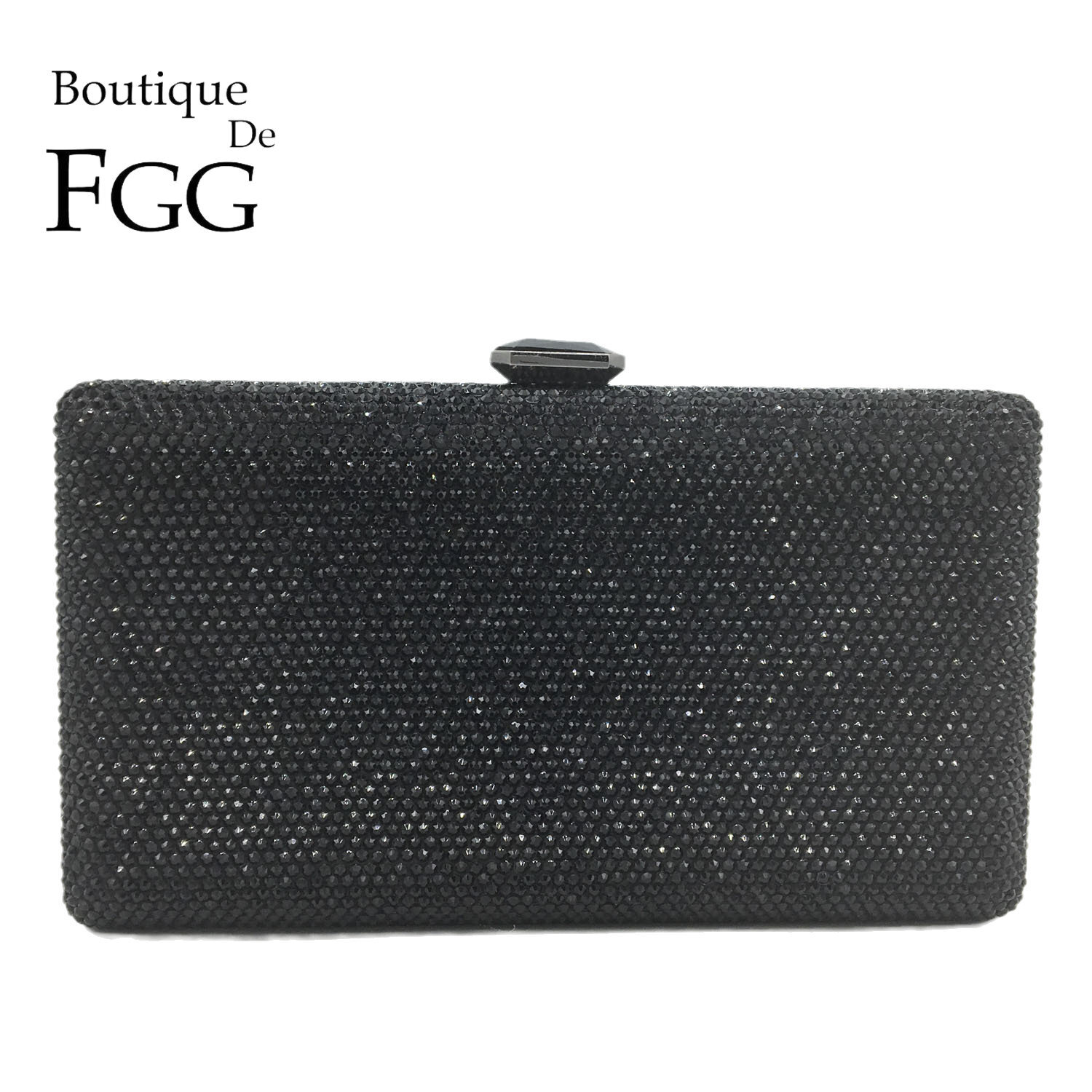 Boutique De FGG Women's Black Crystal Evening Package Wedding Bridal Rhie Box Handbag Designer Party Dinner Dia Handbag