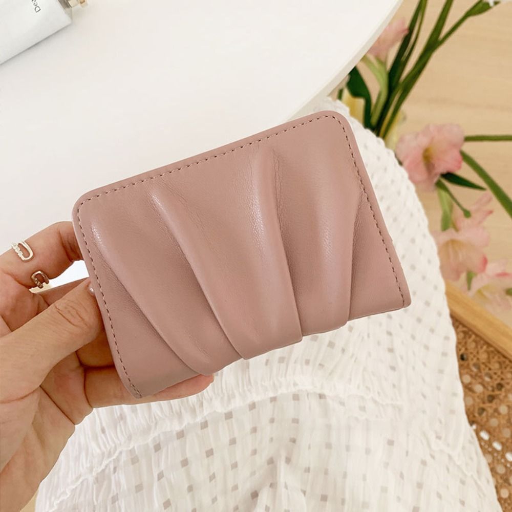 New Wrinkled Card Bag Anti Thief Solid Color Card Case Ultrathin PU Leather Short Purse Woman