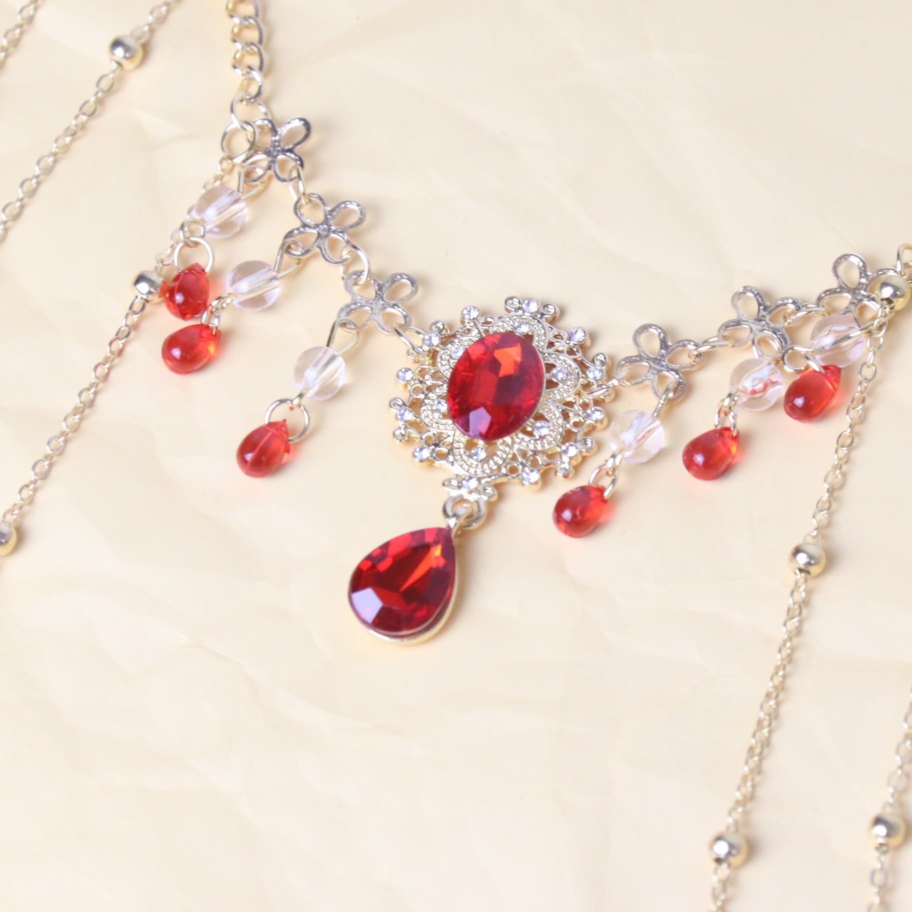 Exotic Style Ancient Style Hanfu Ruby Necklace Dance Retro Flower Red Water Droplet Pendant Sexy Tassel Necklace