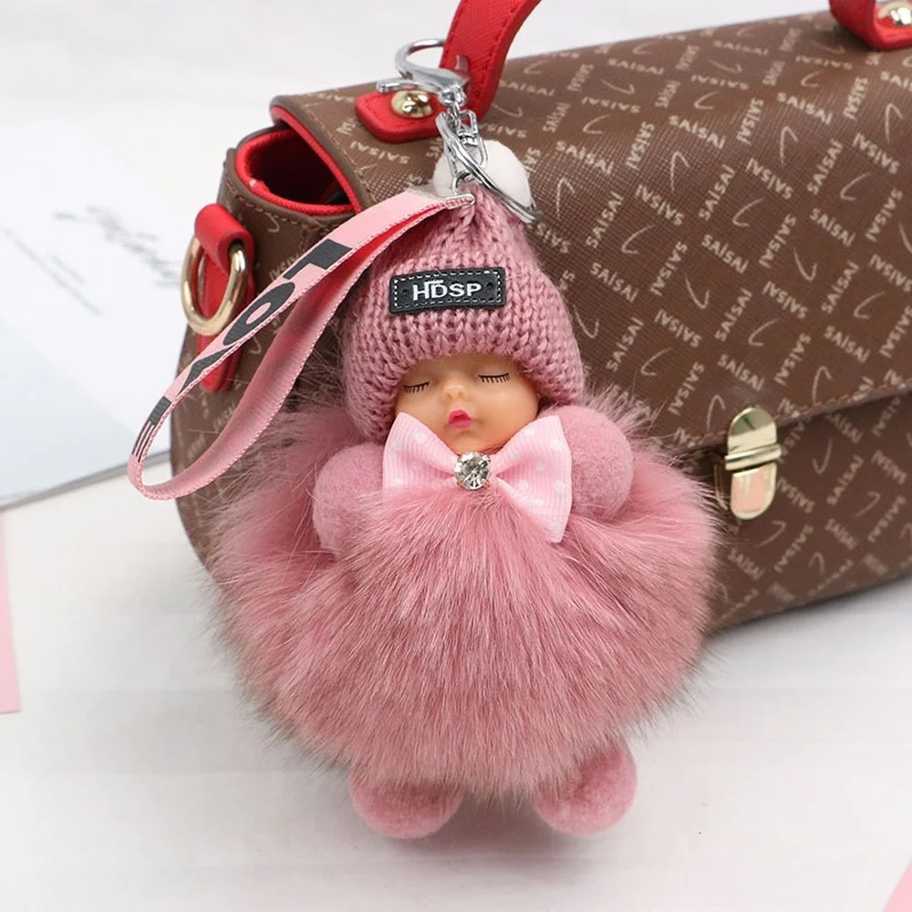 Fox fur fluffy sleeping baby keychain cute fluffy plush doll keychain womens bag keyring car keyring gift decoration 241107