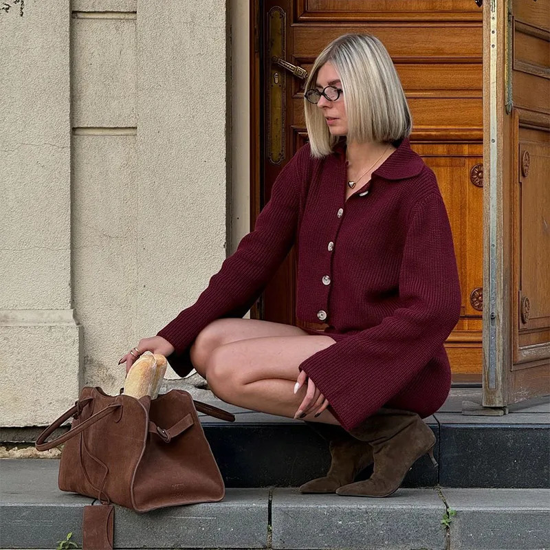 2 Pieces Lapel Long Sleeve Single Breasted Cardigan Short Skirt Suit Elegant Solid Knitted Sets For Women Lady Slim Fall Suits 241107