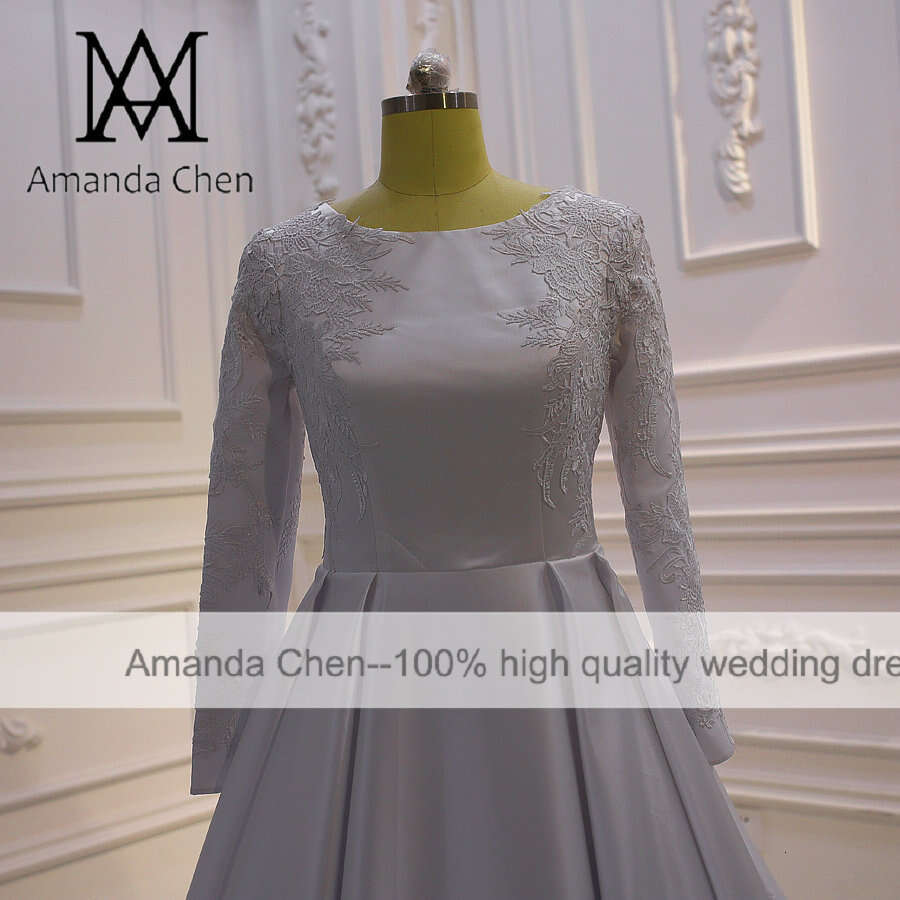 Simple A-e Lace Applique Satin Pure White Wedding Dress