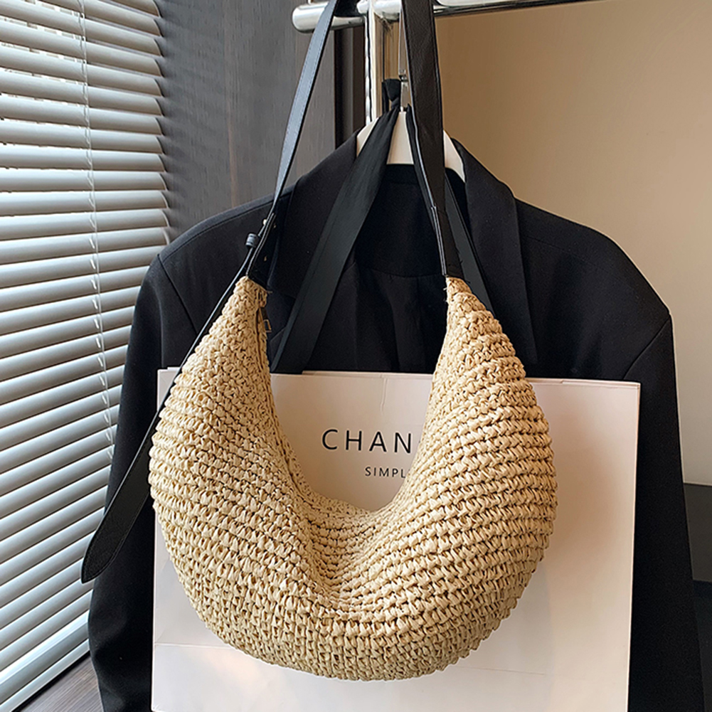 Women Straw Woven Half Moon Bag Handwoven Shoulder Bag Zipper Closure Weaving Shoulder Bag Adjustable Strap for Travel Shopping