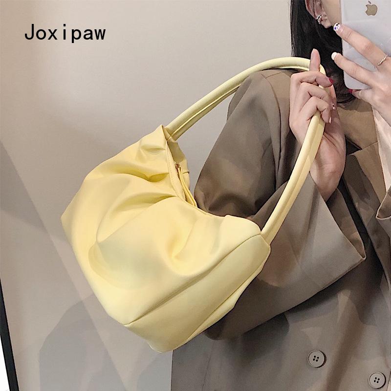 Vintage Large Capacity Pleated Shoulder Bag for Women Fashion Simple Solid Pu Leather Handbag 2022 New Trendy Casual Female Bag
