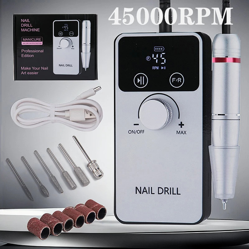 45000RPM Professional Electric Nail Drill Machine Rechargeable Nail File Nails Accessories Gel Nail Polish Sander Low Noise 241106