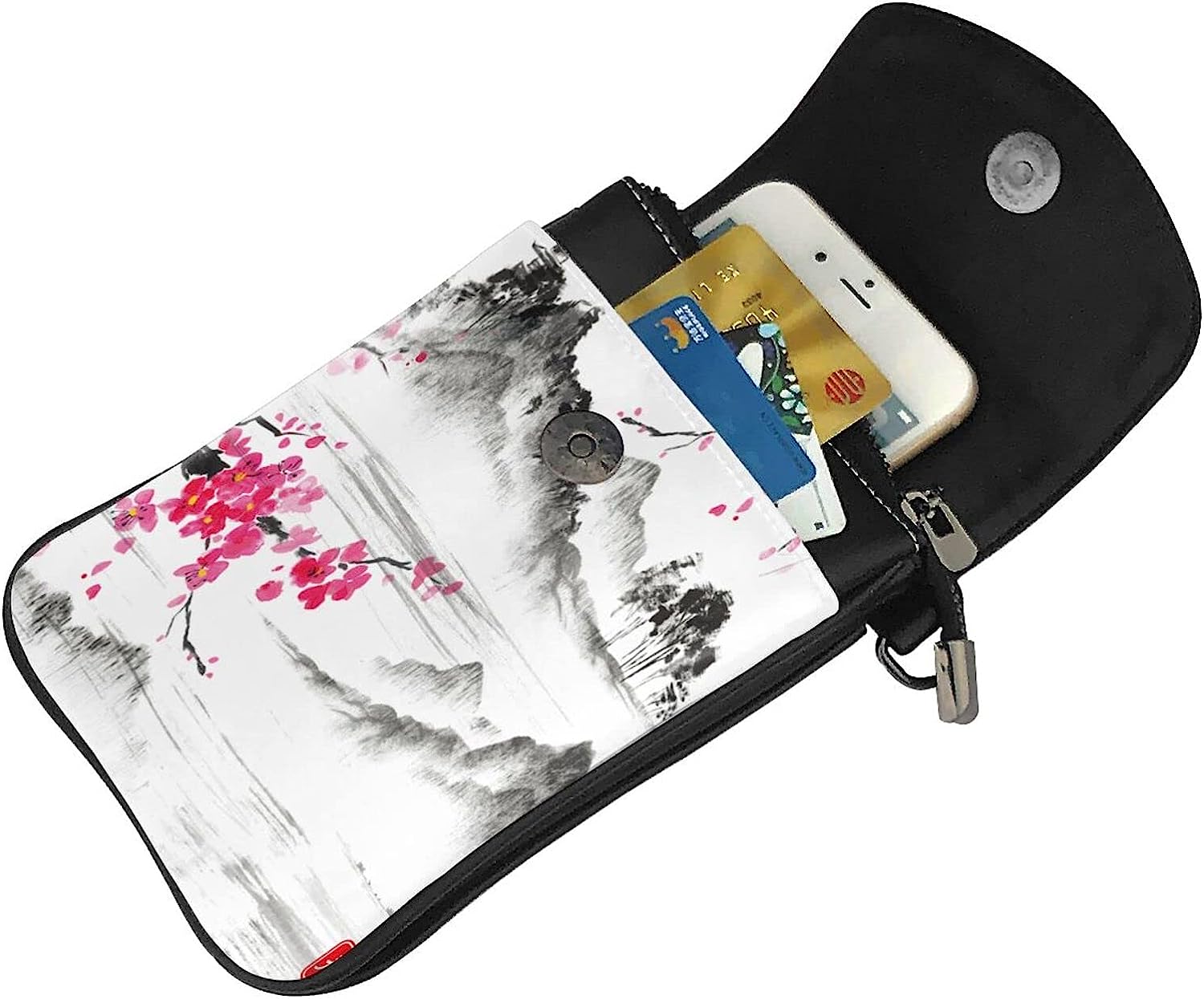Cherry Blossom Flower Cell Phone Purse Leather Shoulder Bag Mini Phone Pouch Crossbody Bag For Women