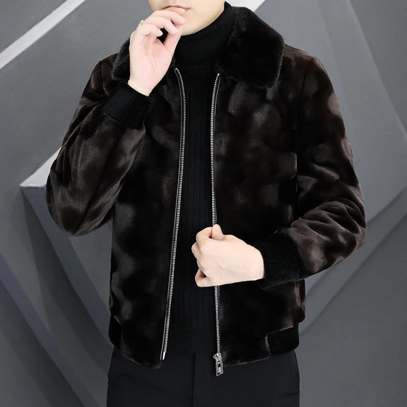 Winter mens high-end mink coat mens fashionable polo collar thick leather coat casual plus size solid color coat 241107
