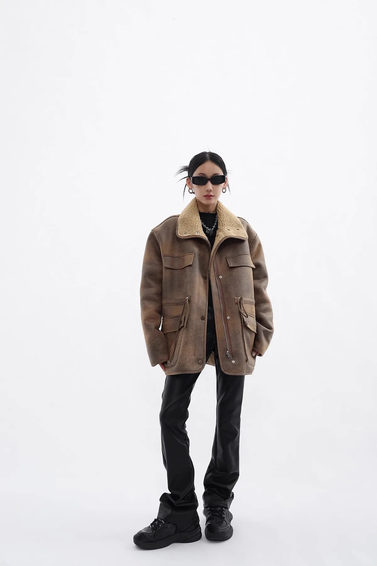 REDDACHIC Lambswool wool reversible leather jacket womens denim brown oversized bomber jacket motorcycle warm winter jacket 241107