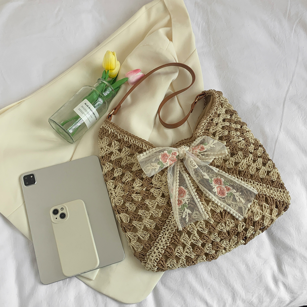Women Straw Woven Tote Bag Simple Shopping Bag Large Capacity Summer Crochet Shoulder Bag with Bow Patchwork for Outdoor Travel