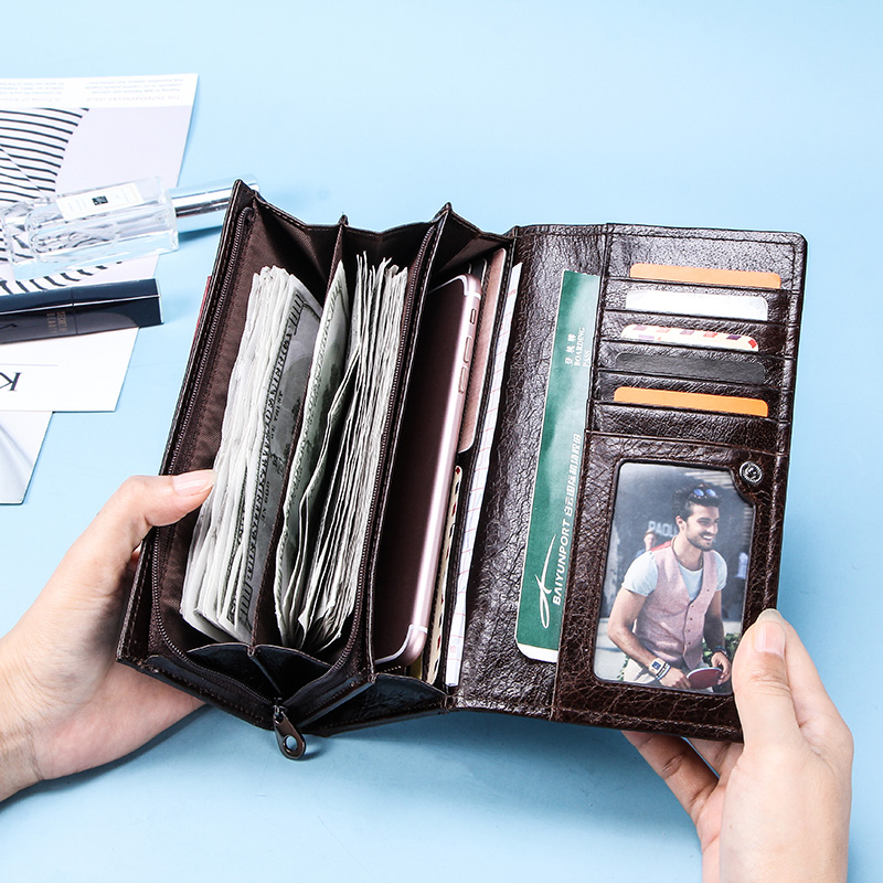CONTACT'S Genuine Leather Men Long Wallets with Zipper Coin Purse Large Capacity Male Clutch Wallet for iPhone Passport Cartera