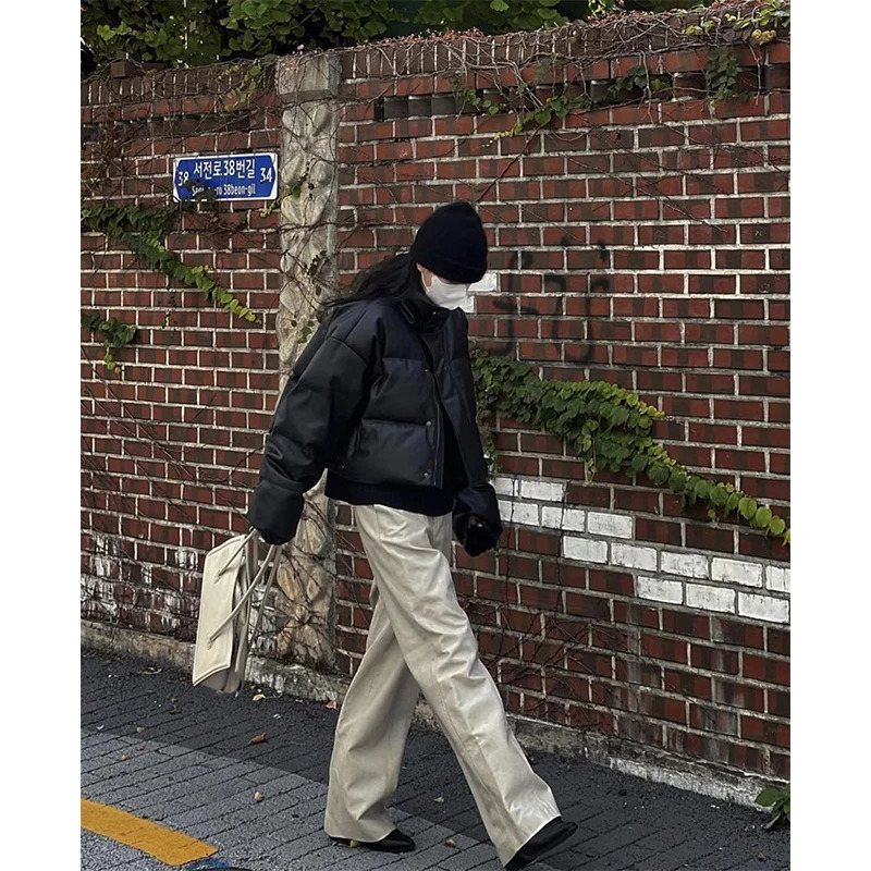 MEXZT Streetwear Short Parkas Womens Cropped Pu Leather Cotton Lined Coat Winter Thick Lined Jacket Korean Warm Coat 241107