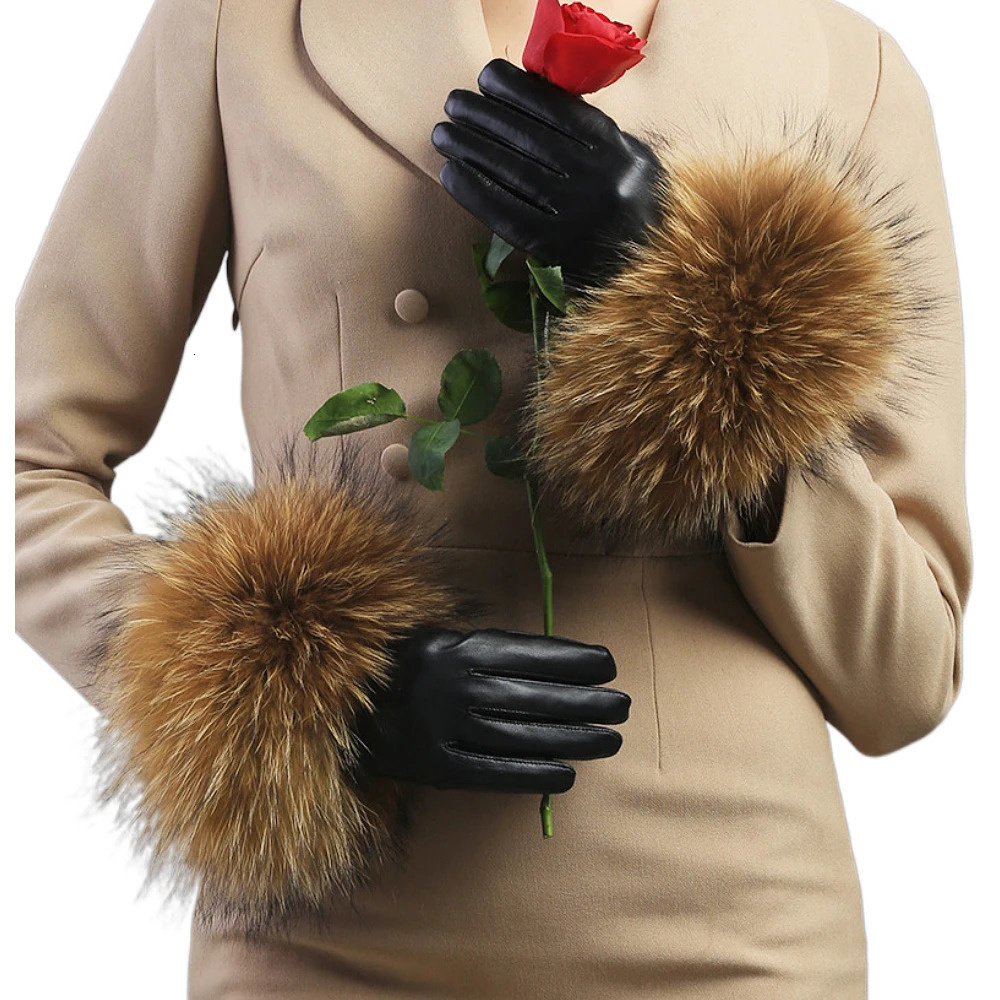 Genuine Raccoon Fur Gloves Womens Leather Gloves Fashion Raccoon Fur Sheepskin Leather Gloves Womens 241106