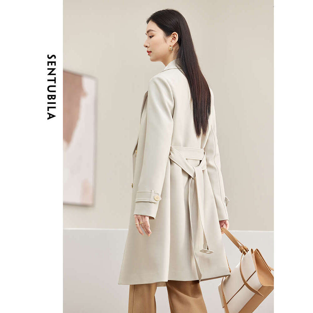 SENTUBILA Double-Lapel Belted Trench Women Spring Autumn 2024 Business Style Double-Breasted Mid-Length Long Coat 141F53208