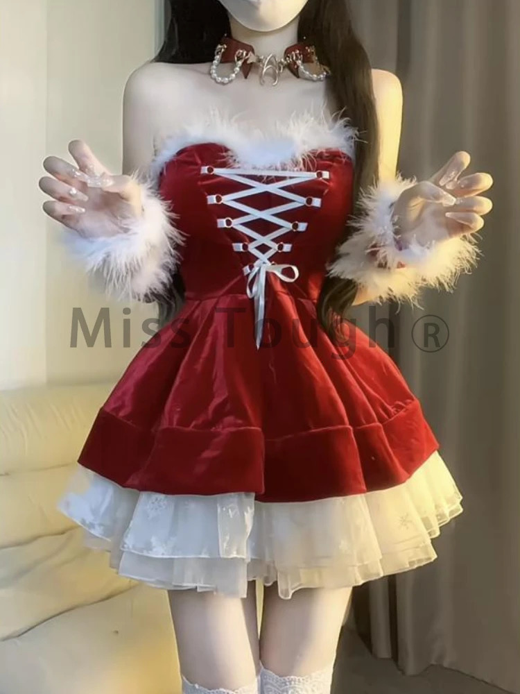 Winter French Fashion Sweet Christmas Dress Women Sense Lace Patchwork Lace Waist Red Dresses Sexy Retro Clothes 2024 241107