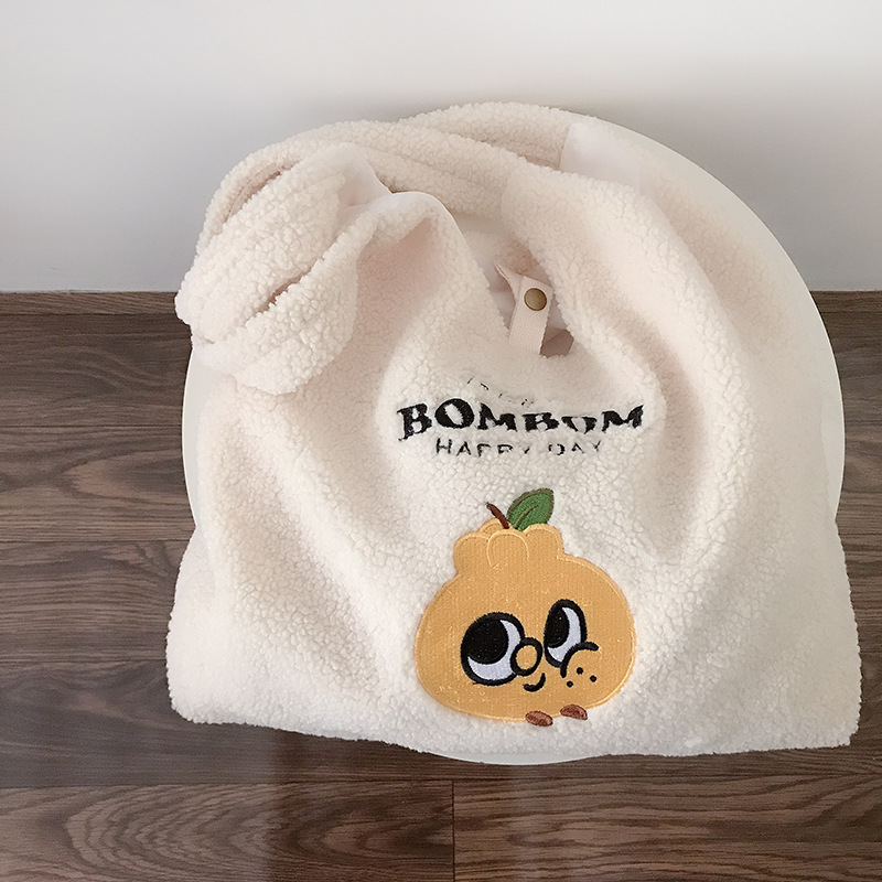 Women Berber Fleece Fabric Shoulder Bag Plush Handbag Embroidery Canvas Tote Large Capacity Shopping Bag Cute Book Bags For Girl