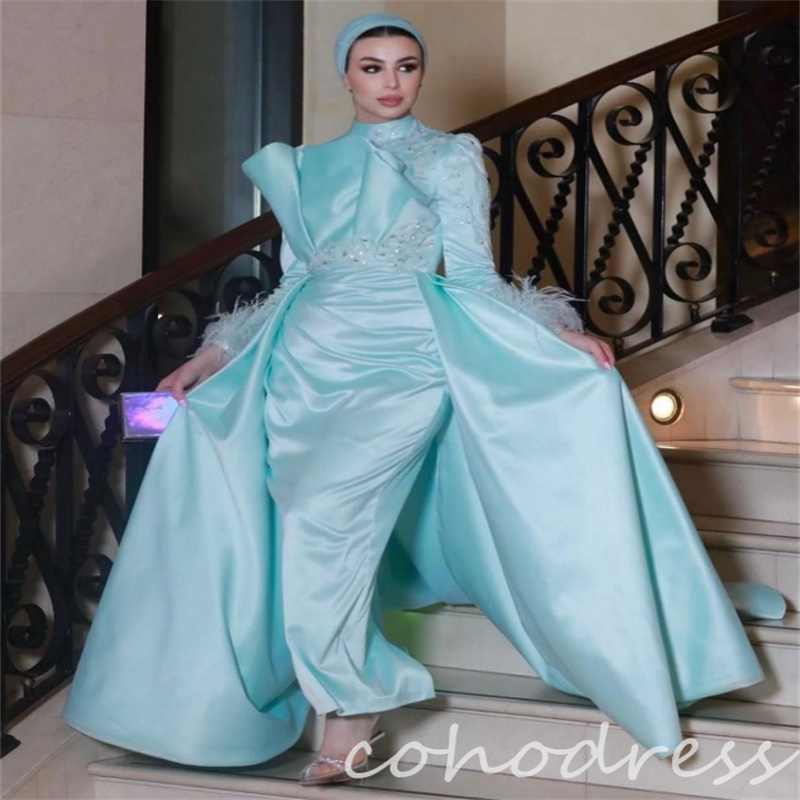 Luxury Islamic Muslim Evening Dresses With Beaded Pleated Mermaid Long Sleeve Brithday Dress Charming Feather Prom Dress Dinner Party Vestio De Fiesta