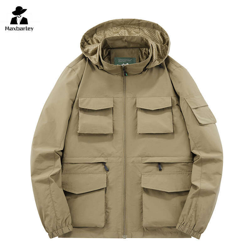 Workwear Men's Spring And Autumn Casual Thin Multi-Pocket Hooded Windbreaker Outdoor Waterproof Plus Size Sports Jacket