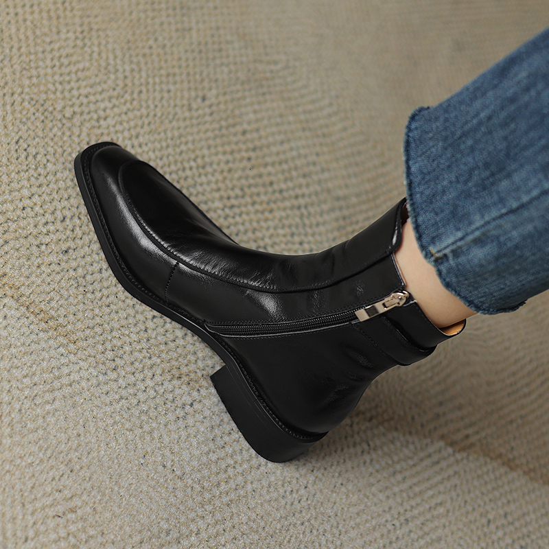 2024 New Autumn Square Toe Low Heel Women Shoes Genuine Brown Ankle Block Retro Leather Boots