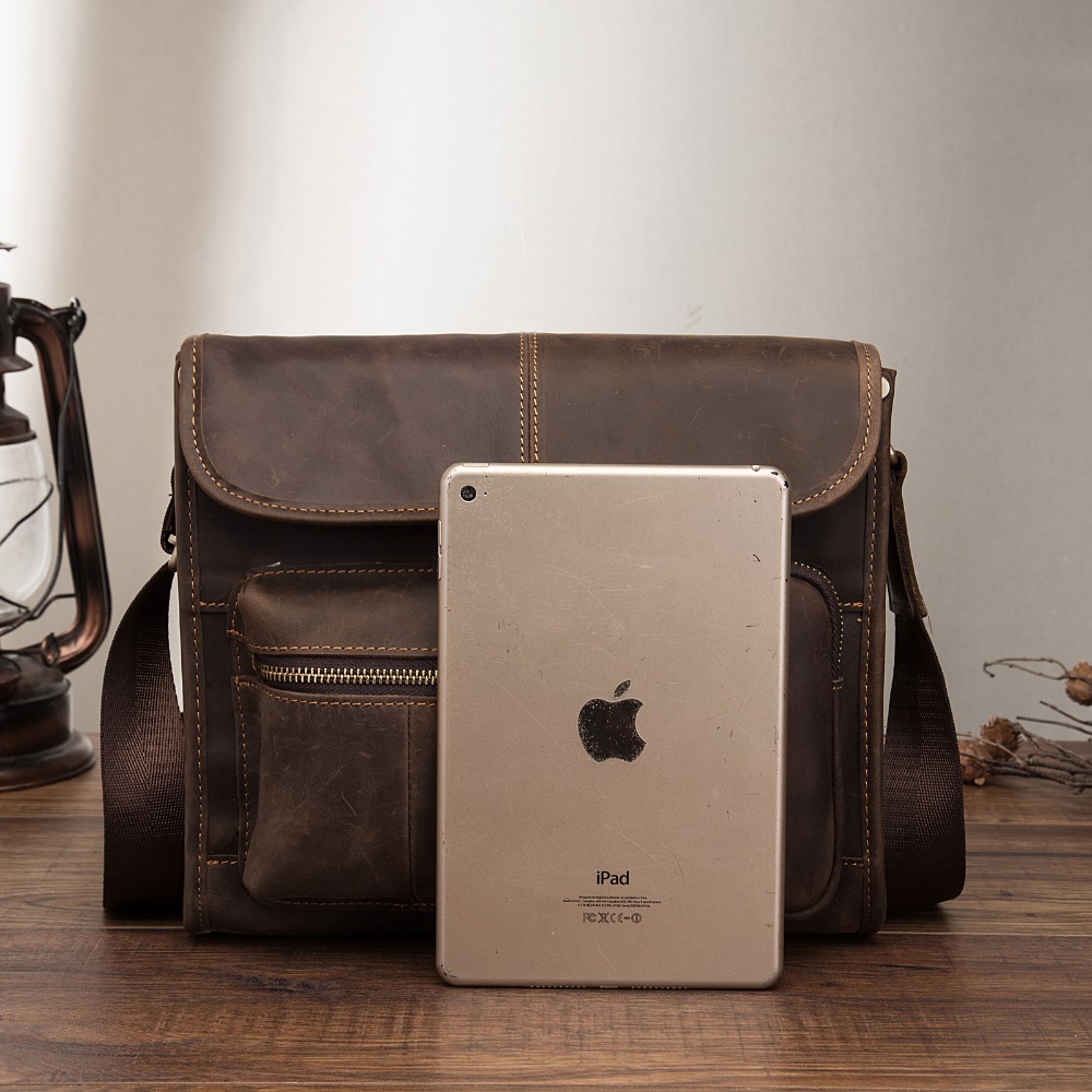 Original Leather Male Casual Design Student Shoulder Messenger Crossbody bag Fashion College Satchel 10" Book bag For Men 202-d