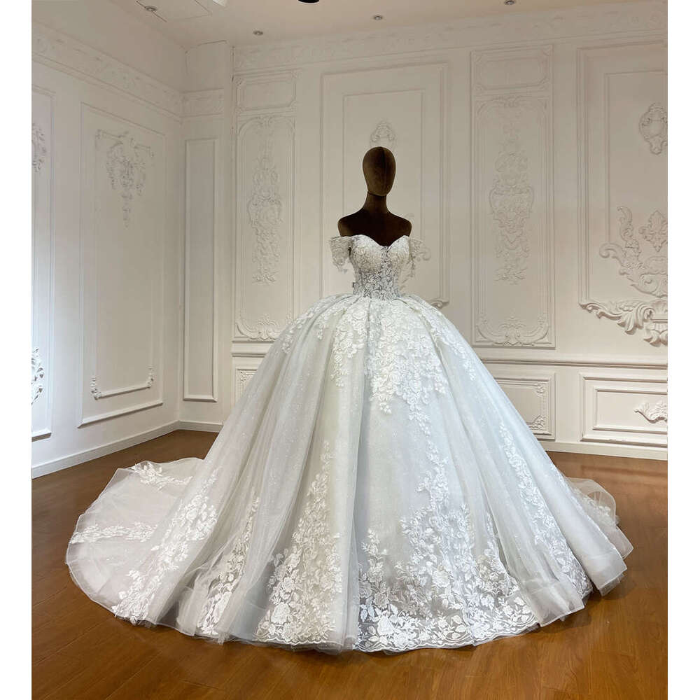 Customized Off The Shoulder Full Lace Applique Ball Gown Wedding Dress