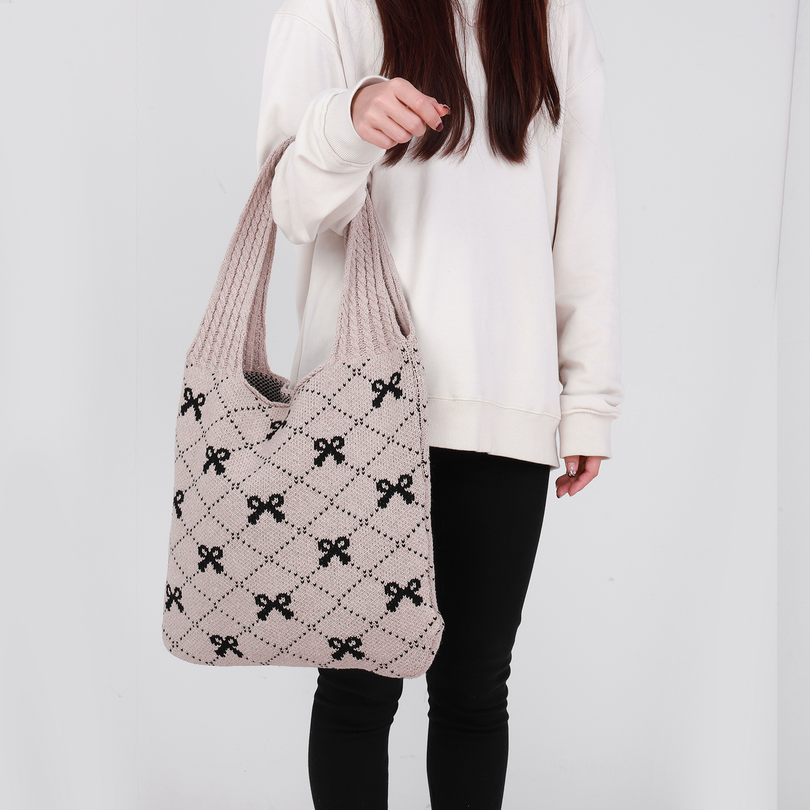 Women Crochet Tote Handbag Bow Printed Knitting Shoulder Bag Large Capacity Travel Shopping Handbag Ladies Daily Handbag
