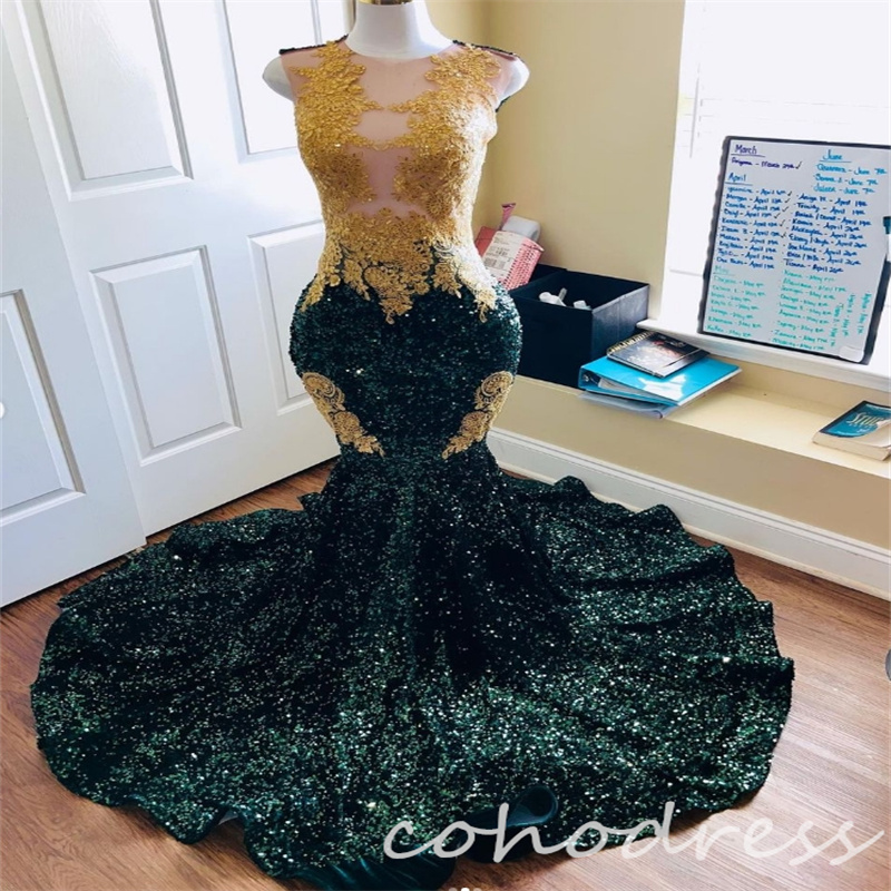 Green And Gold Prom Dresses For Black Girls Sparkle Sequin Mermaid Evening Dress Plus Size African O Neck Floor Length Birthday Dress Special Occason 