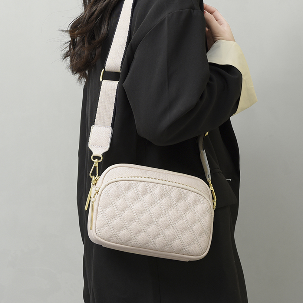 Cowhide Leather Crossbody Bag Women Multi-layer Pocket Fashion Shoulder Bag Wide Strap Solid Satchel Rhombus Pattern Sling Purse