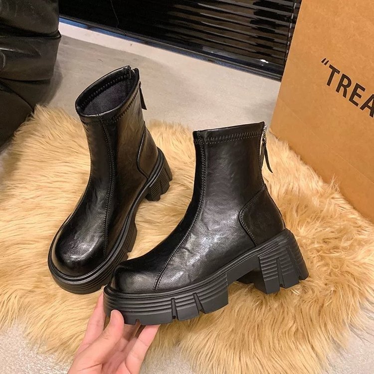 Minimalist Front Lace-up Combat Boots 5Cm Chunky Heel Platform Women Boots British Style Thick Sole Increase Height Casual Boots R241107