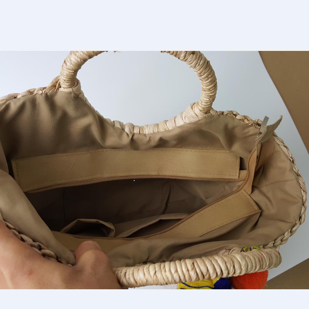 Big 37cm width Corn Stem Woven Female Summer Beach Straw bag decorated with fabric ball Pompom and Tassel A2892