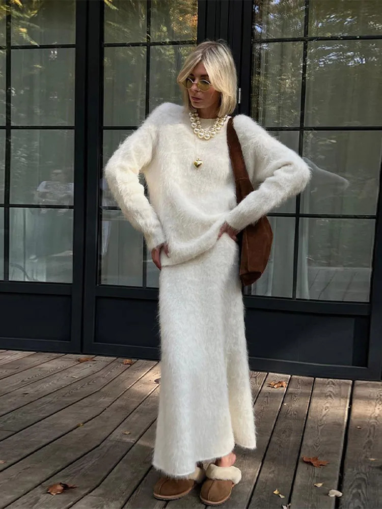 Women Elegant Solid Mohair Skirt Outfits Autumn Knit O Neck Pullover Sweater 2 Piece Sets Female Loose Long Skirts Fashion Suits 241107