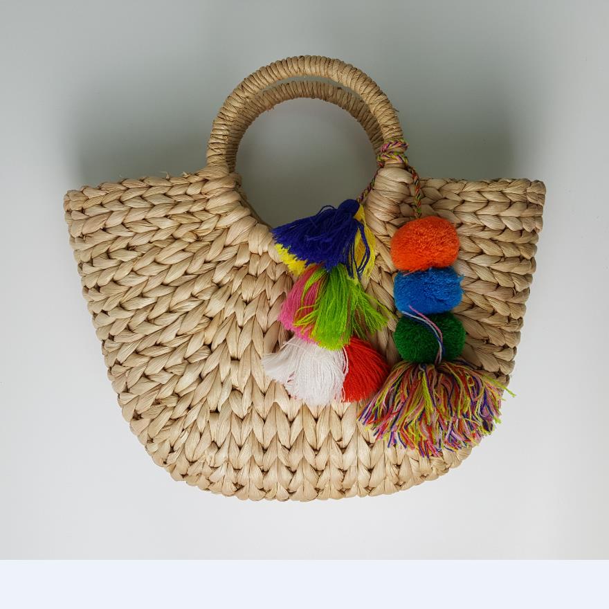 Big 37cm width Corn Stem Woven Female Summer Beach Straw bag decorated with fabric ball Pompom and Tassel A2892
