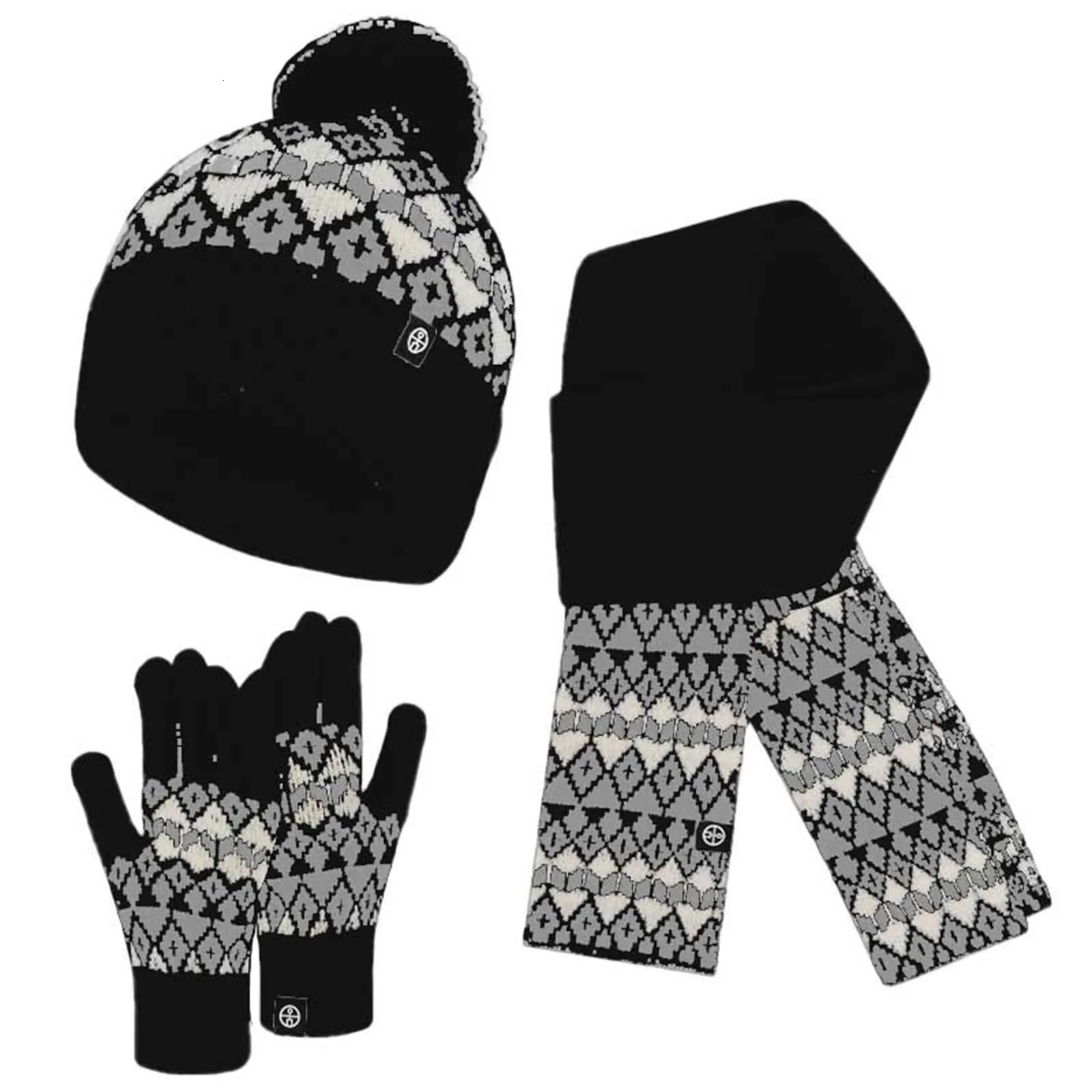 Winter hat scarf glove set fashionable knitted hat glove scarf set Bohemian geometric pattern wool ball scarf glove set 241107