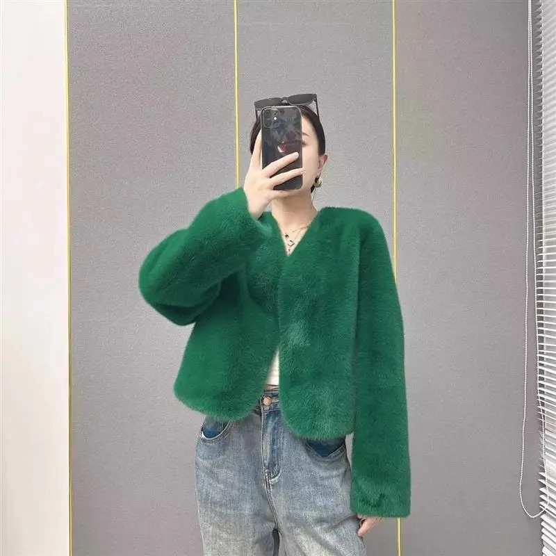 Korean style womens winter faux mink coat high-quality lace jacket long loose thick warm jacket 241107