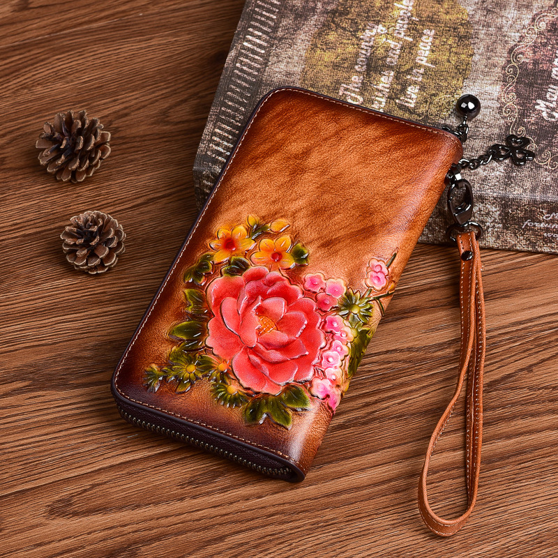 New Women's Top Layer Cowhide Wallet Floral Pattern Handbag Long Zipper Wallet vintage Personalized Clutch Bag Hot Sale