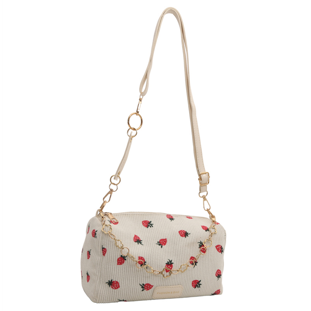 Cute Strawberry Print Shoulder Bag with Zipper Corduroy Messenger Bag with Adjustable Strap Crossbody Purse for Women Girls