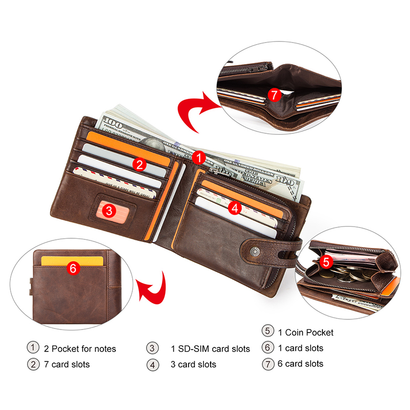 CONTACT'S Genuine Leather Wallets for Men Short Bifold Casual Men Wallets RFID Card Holder Coin Purses Money Clip Men's Wallet