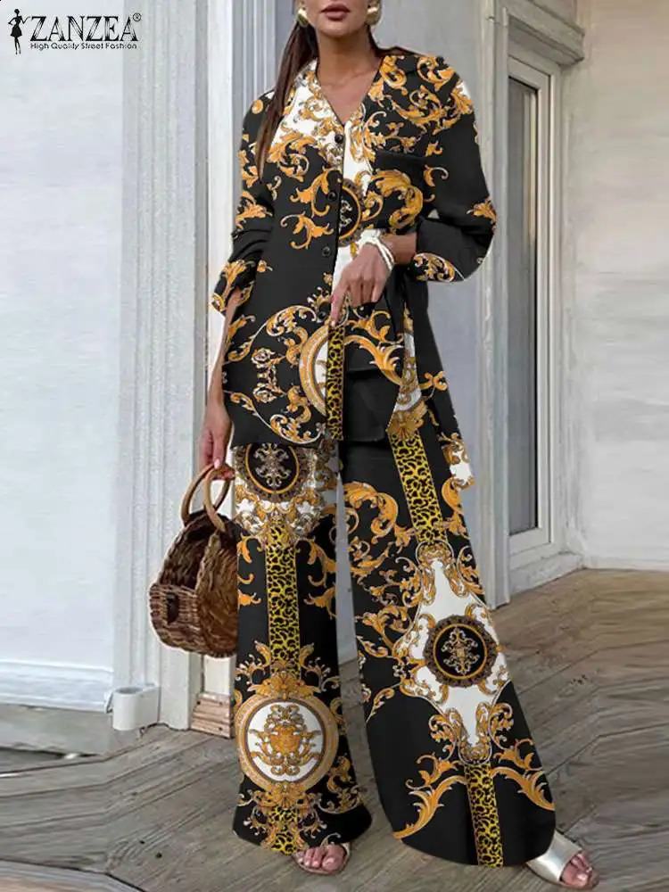 ZANZEA Women Commtuing 2pcs Pantsuits Casual Loose Vintage Printing Side Slit Long Shirt Outfits Wide Leg Trouser Pant Sets 240328